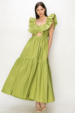 Green Cotton Ruffle Shoulder Tiered Sleeve Maxi Dress