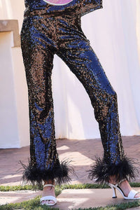 Black Side Zipper Hem Feather Trim Sequin Wide Leg Pants