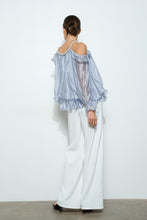 Dusty Blue Off-Shoulder Pearl Accent Organza Ruffle Blouse