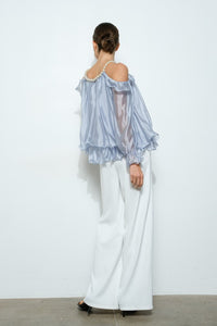 Dusty Blue Off-Shoulder Pearl Accent Organza Ruffle Blouse