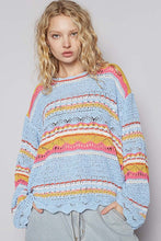 Blue Multi Round Neck Long Sleeve Striped Solid Sweater Top