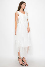 White Sleeveless Rhythmic Appliqued Tulle Midi Dress