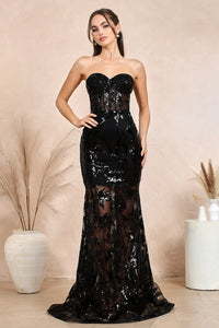 Black Strapless Lace Fitted Gown With Over Skirt