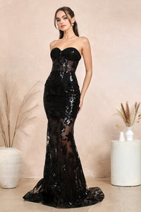Black Strapless Lace Fitted Gown With Over Skirt
