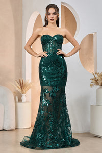 Emerald Strapless Lace Fitted Gown With Over Skirt
