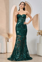 Emerald Strapless Lace Fitted Gown With Over Skirt