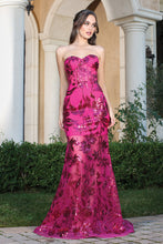 Fuchsia Strapless Lace Fitted Gown With Over Skirt