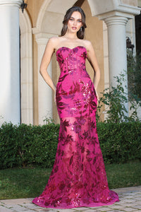 Fuchsia Strapless Lace Fitted Gown With Over Skirt