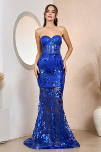 Royal Blue Strapless Lace Fitted Gown With Over Skirt