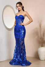 Royal Blue Strapless Lace Fitted Gown With Over Skirt