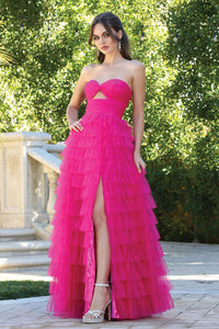 Fuchsia Tiered A-Line Dress With Slit And Strapless Long Design
