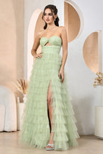 Sage Tiered A-Line Dress With Slit And Strapless Long Design