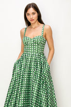 Green/White Satin Trellis Print Bustier Flared Midi Dress