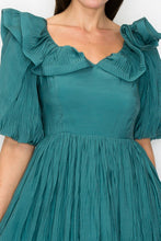 Teal Green Short Puff Sleeve Pleated Ruffle Trim Midi Dress