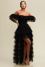 Black Off S Shirred Ruffle Maxi Dress