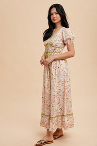 Pink Coral Multi Bow Detail Floral Contrast Puff Dress