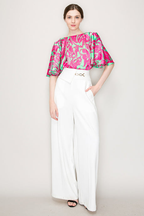 White Waist Flap Chain Detail Wide Pants