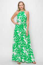 Green Leafy Halter Neck Tie Waist Maxi Dress