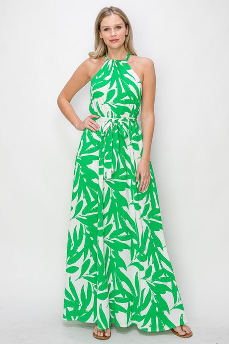 Green Leafy Halter Neck Tie Waist Maxi Dress