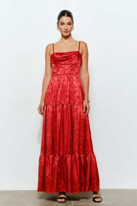 Rust Floral Jacquard Satin Corset-style Maxi Dress