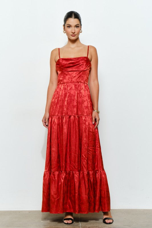 Rust Floral Jacquard Satin Corset-style Maxi Dress