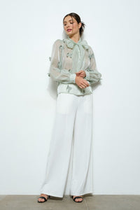 Sage Sheer Embroidered Butterfly Bow Tie Blouse