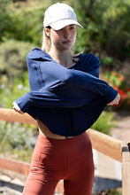 Navy Cotton Slub Open Back Long Sleeve Top