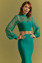 Emerald Green Bandage Crop Top Mesh And Fit Midi Skirt Set