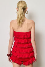 Red Strapless Ruffle Lace Trim Romper