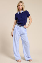 Navy Striped Collar Short Sleeve Knit Top