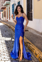 Royal Blue Lace Embroidered Satin Long Slit Evening Dress