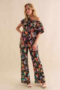 Black Multi Sequin Flower Boots Cut Long Pants