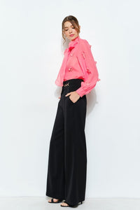 Fuchsia Sheer Embroidered Butterfly Bow Tie Blouse