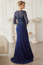 Navy Blue Floor Length Mob Gown With 3/4 Sleeves V Neckline
