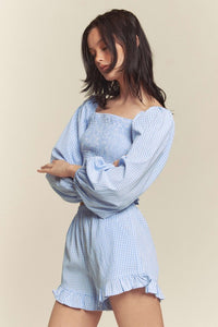 Blue Gingham Smocked Top With Shorts Set