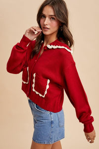 Crimson Doll Collar Button Up Cardigan