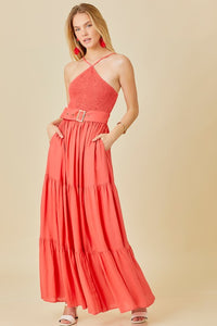 Tomato Smocked Halter Maxi Dress With Belt