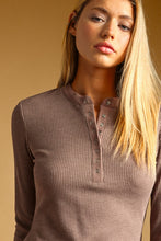 Chocolate Half Snap Button Waffle Fabric Long Sleeve Top