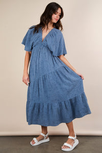 Denim Mineral Washed Elastic Neck Detail Midi Dress