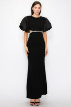 Black Puff Sleeves Rhinestione Side Cutout Maxi Dress