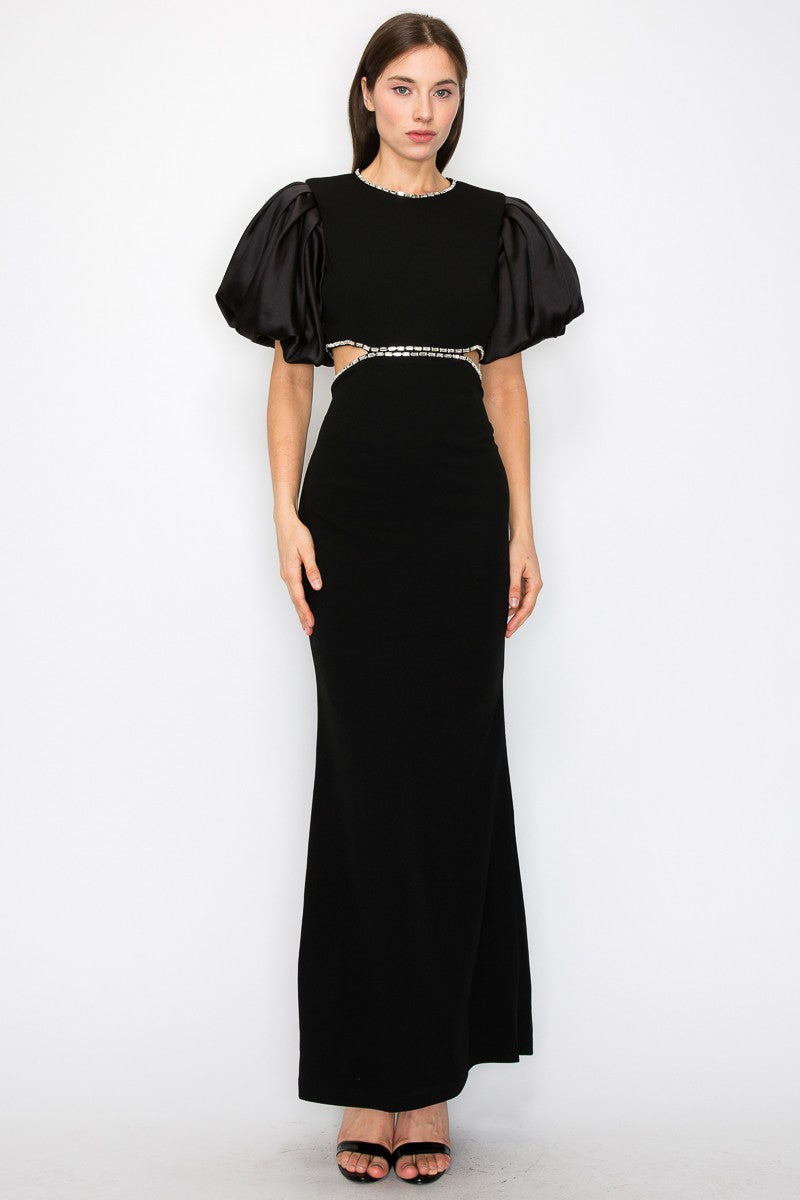 Black Puff Sleeves Rhinestione Side Cutout Maxi Dress