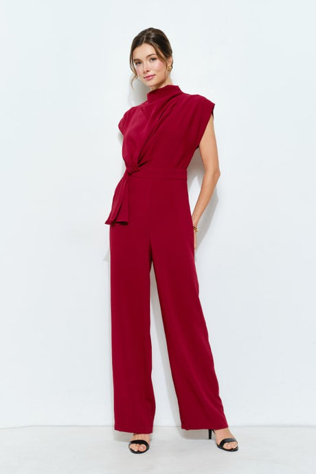 Burgundy High Neck Draped Waist Cap Sleeve Jumpsuit