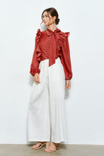 Spice Soft Wool Blouse With Bow Tie & Pearl Buttons