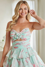 Mint Strapless Rosette Pleat Soft Chiffon Print Dress