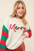 Ivory Merry Letter Stripe Trim Oversize Sweater
