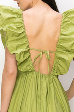 Green Cotton Ruffle Shoulder Tiered Sleeve Maxi Dress