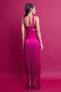 Magenta Bandage Fringe Dress With Cutout