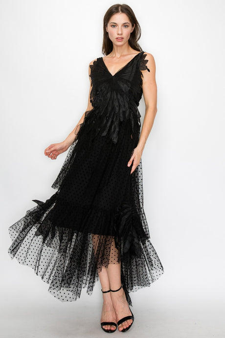 Black Sleeveless Rhythmic Appliqued Tulle Midi Dress