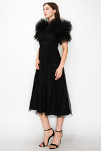 Black Tulle Pleated Floral Short Sleeve Midi Dress