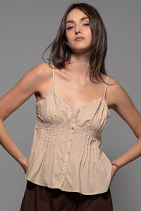 Khaki Romantic Lace Trim Woven Tank Top